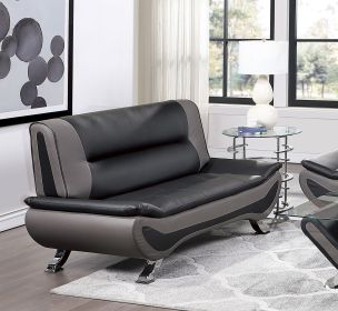 Modern Living Room Furniture 1pc Loveseat Black and Gray PU Upholstered Chrome Finish Metal Legs Solid Wood Frame Cushon Seat