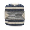 Diamond Handcrafted Fabric Cylindrical Pouf, White and Dark Blue
