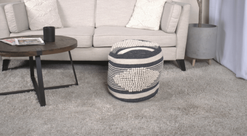 Diamond Handcrafted Fabric Cylindrical Pouf, White and Dark Blue
