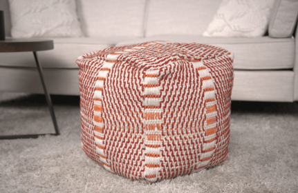 Morro Bay Handcrafted Water resistant Pouf, Orange and Red Multi